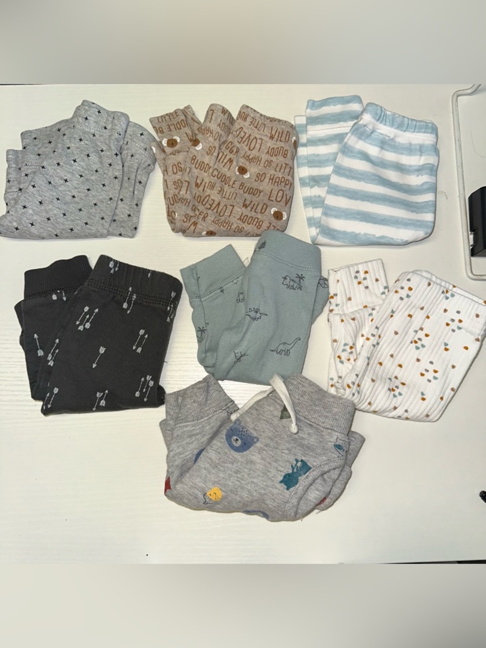 7 Pair Baby Pants Bundle - Gray, Blue, Black, Green, Brown, White
